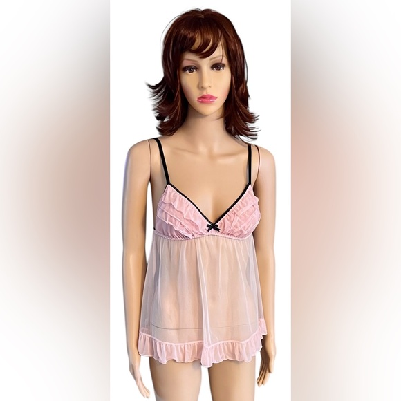 Elegant Pink Sheer Chemise with Ruffle Accents and Black Bows - Picture 1 of 12